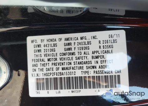 2011 Honda Accord 2.4 Ex-L from USA, damaged, VIN 1HGCP2F82BA153012